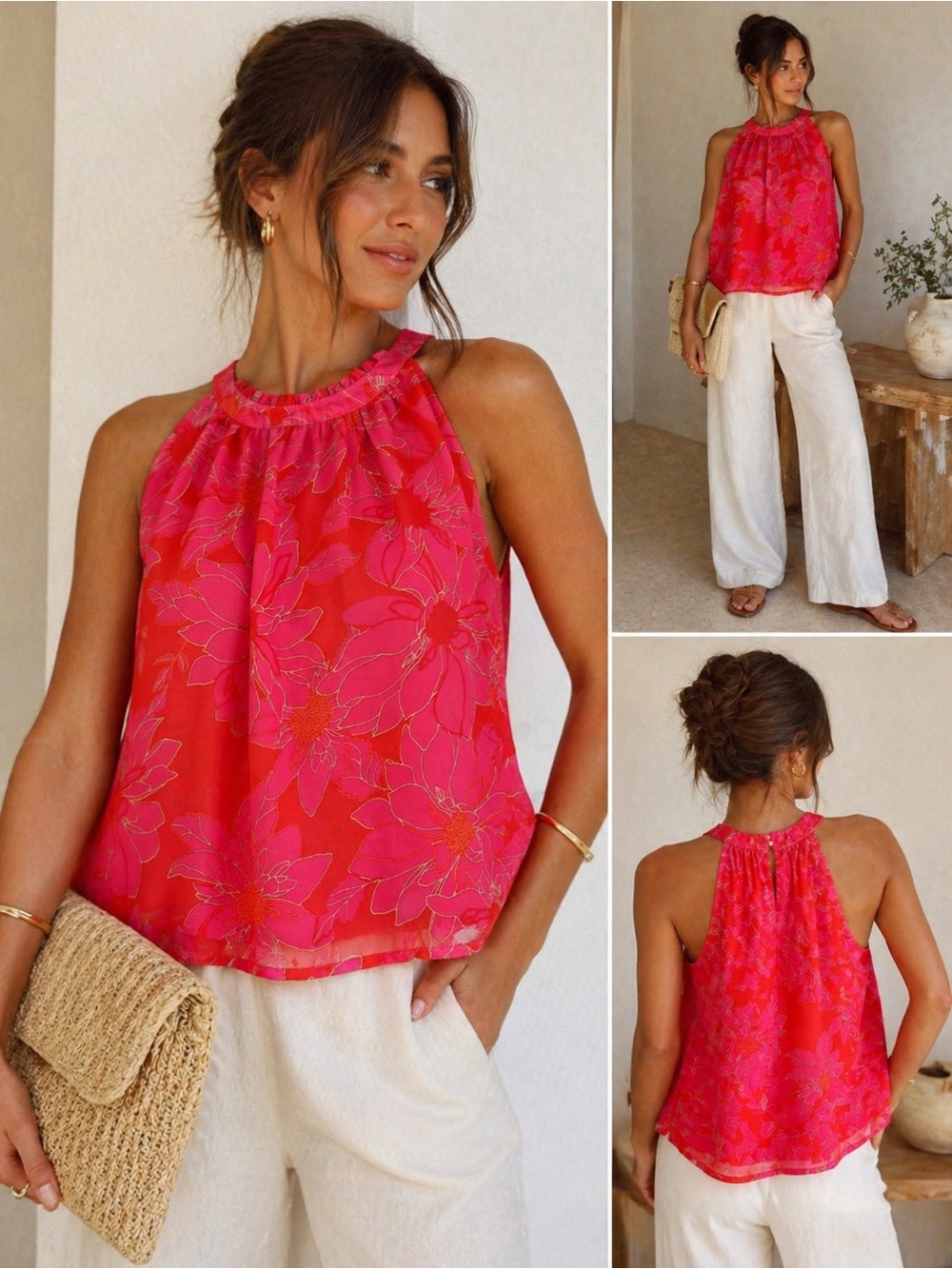 Rose + Olive Red/Hot Pink Cropped Floral Halter Top Sleeveless | Medium